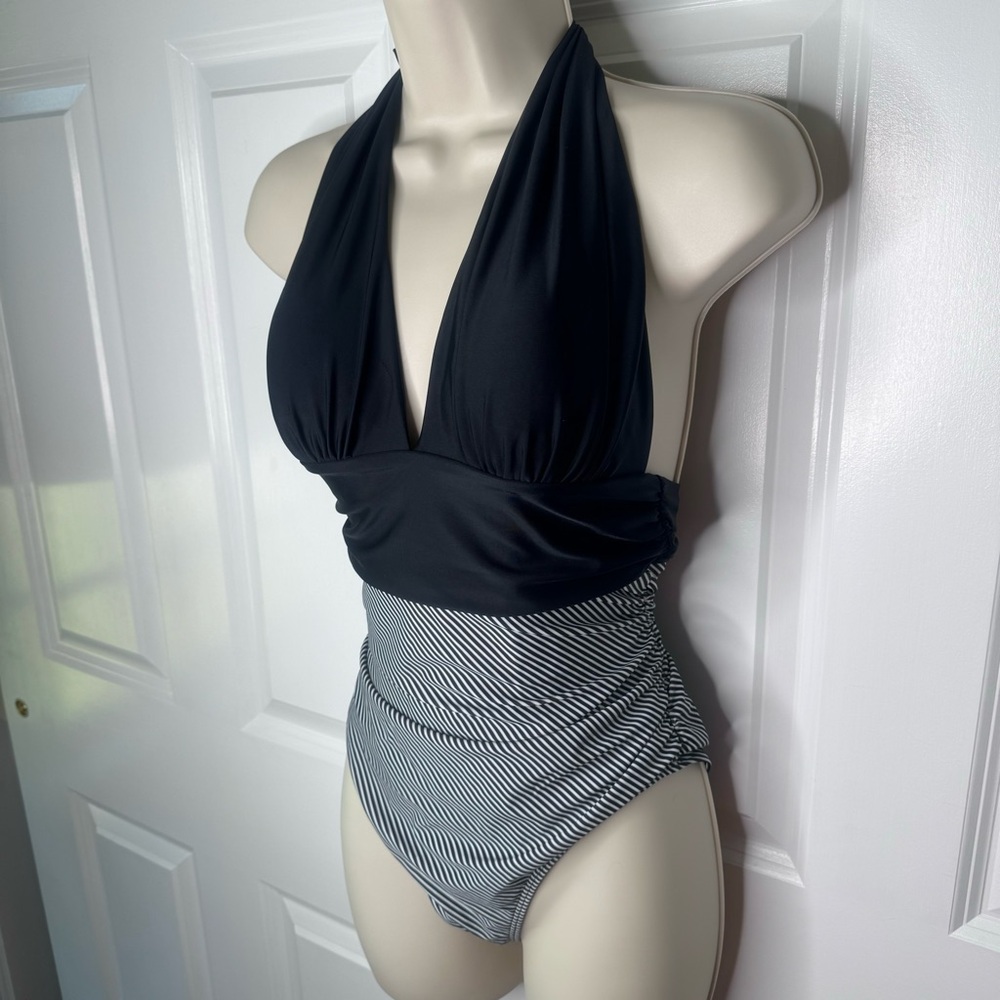 Jillumi one piece halter swimsuit stripes backless ruched NWT Size US S